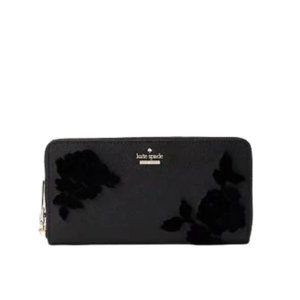 KATE SPADE Black Cameron Street Flock Roses Leather Continental LACEY Wallet